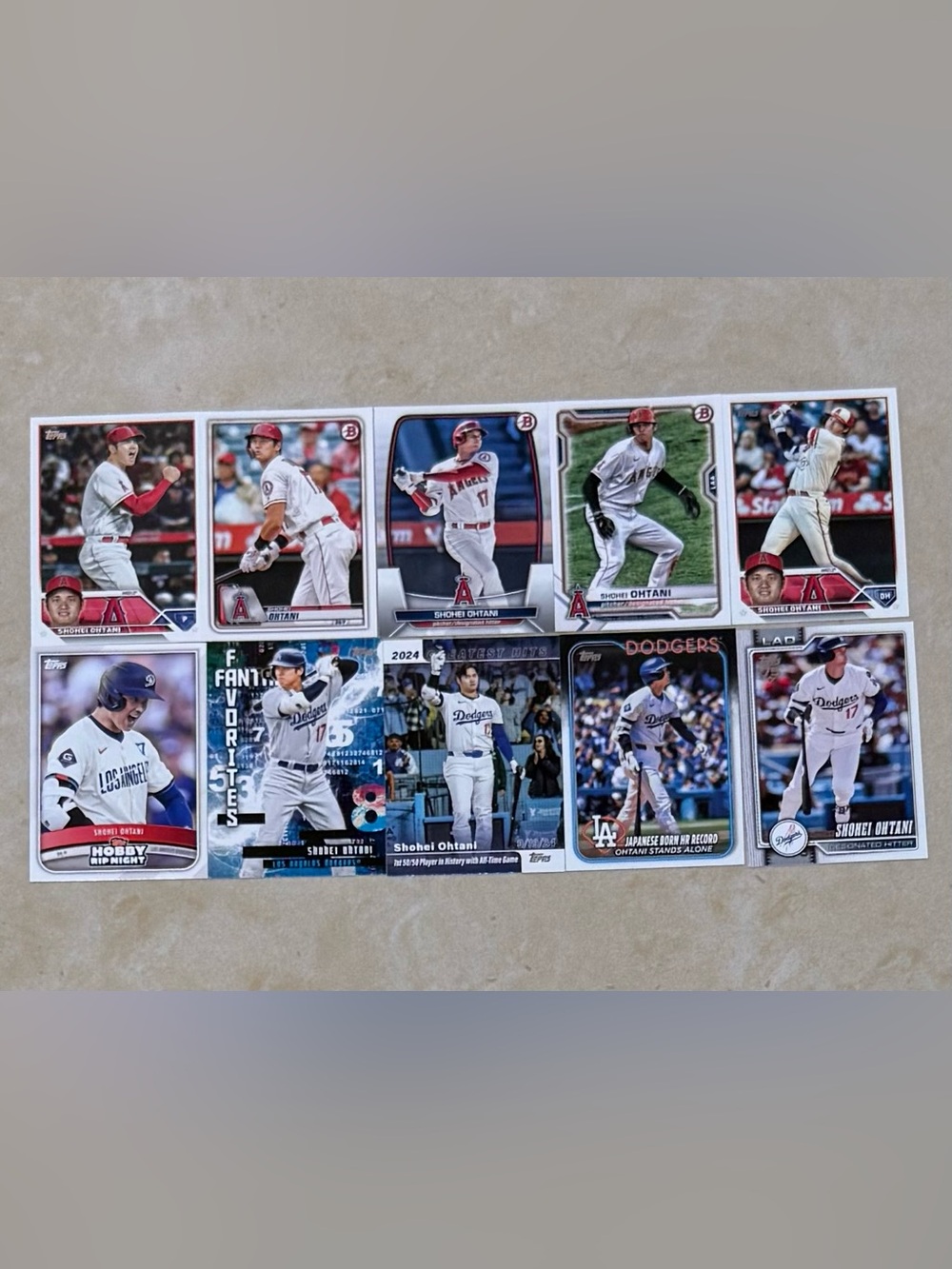 Shohei Ohtani Baseball Card Lot - of 10 Angels & Dodgers - Red, White, Blue
